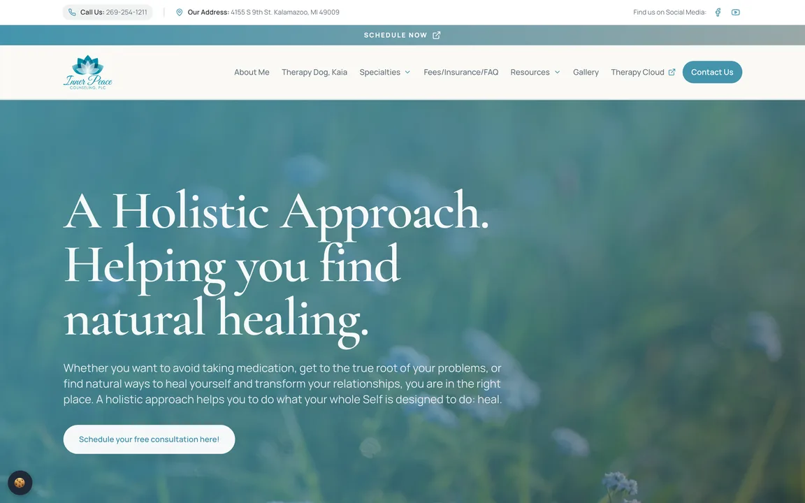 Inner Peace Counseling homepage with the headline A Holistic Approach. Helping you find natural healing., and a button to schedule a free consultation.