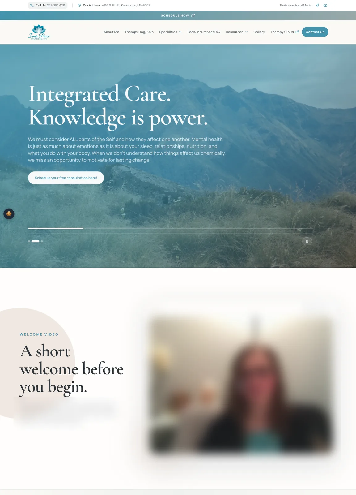 The Inner Peace Counseling homepage from top to bottom: hero, a welcome video blurred here, three pillars (client-driven, efficient, holistic), the holistic approach, who the practice works with, and six types of services.