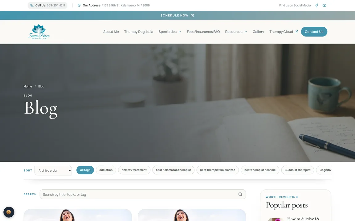 Blog page with a sort menu, tag filters, a search box and a Popular posts panel.