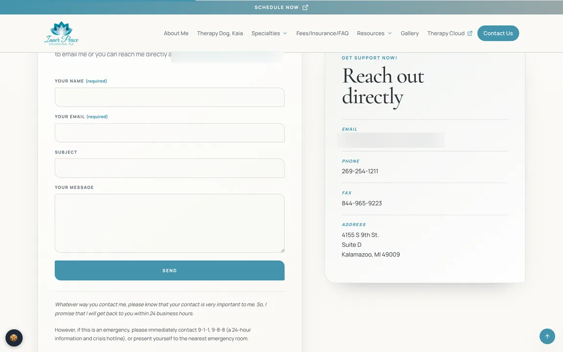 Contact form with name, email, subject and message fields and a Send button, beside the practice email (blurred here), phone, fax and address.