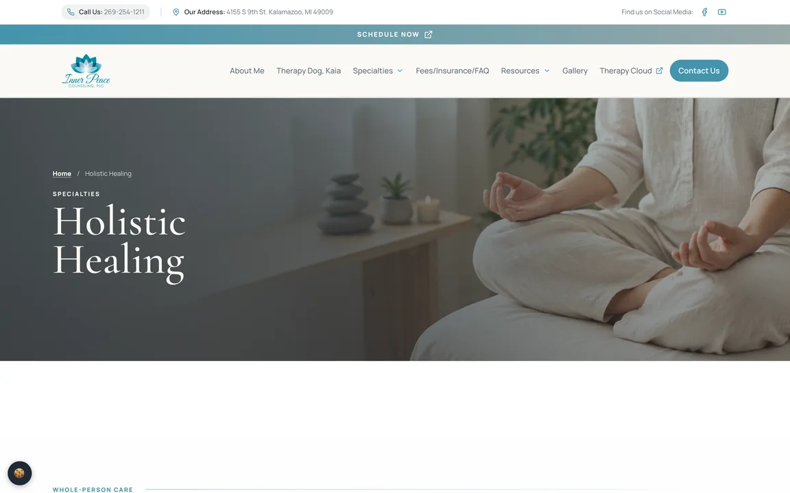 Holistic Healing specialty page header with a breadcrumb and a calm meditation photo.
