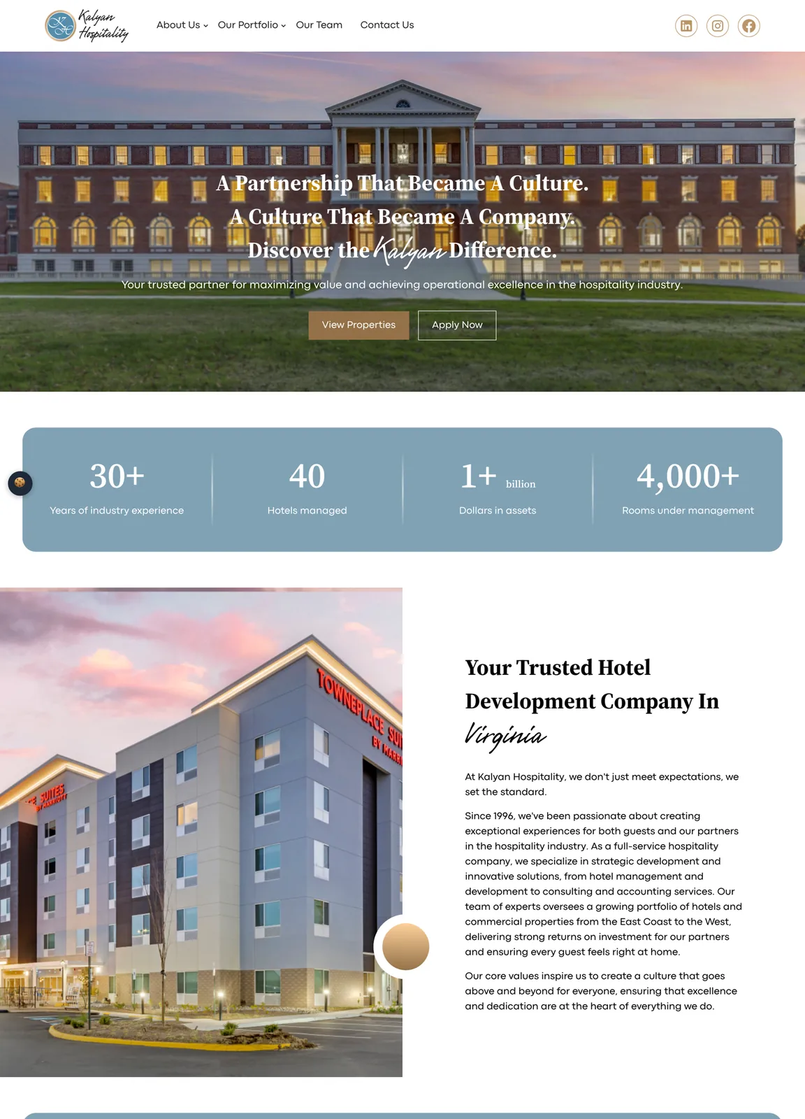 Long view of the homepage with a figures bar, an about section, value cards, brand logos, a grid of hotel photos and news cards.