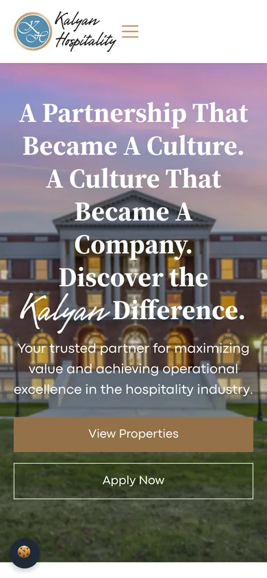 Mobile view with the Kalyan Hospitality logo, a menu button, the headline over the hotel photo, and View Properties and Apply Now buttons.