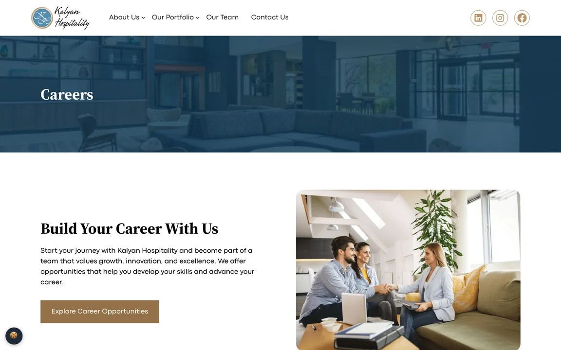 Careers page headed Build Your Career With Us, with an Explore Career Opportunities button and a photo of people meeting.
