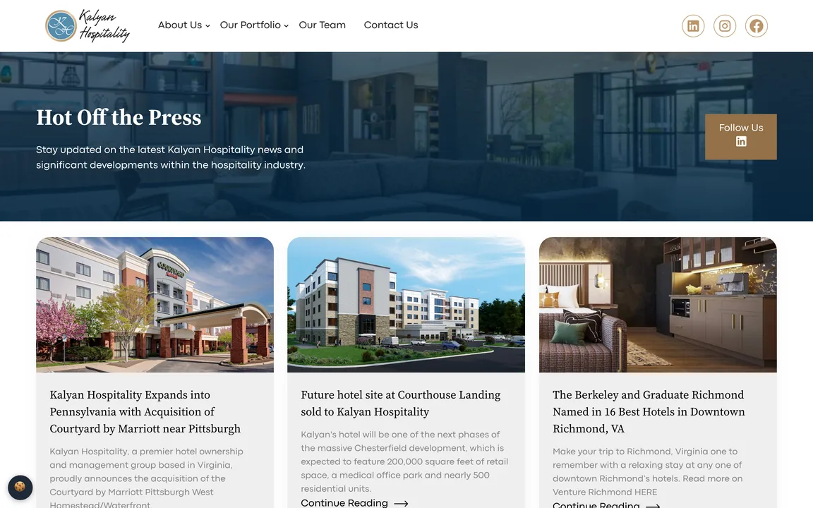 News page headed Hot Off the Press, with three article cards about a hotel acquisition, a future hotel site and a best-hotels list.