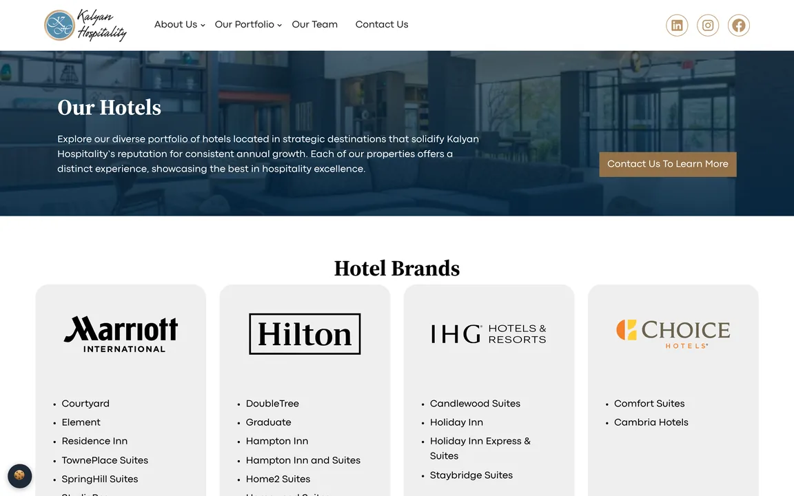 Our Hotels page header over a hotel lobby photo, and a Hotel Brands section with Marriott, Hilton, IHG and Choice columns listing their brands.