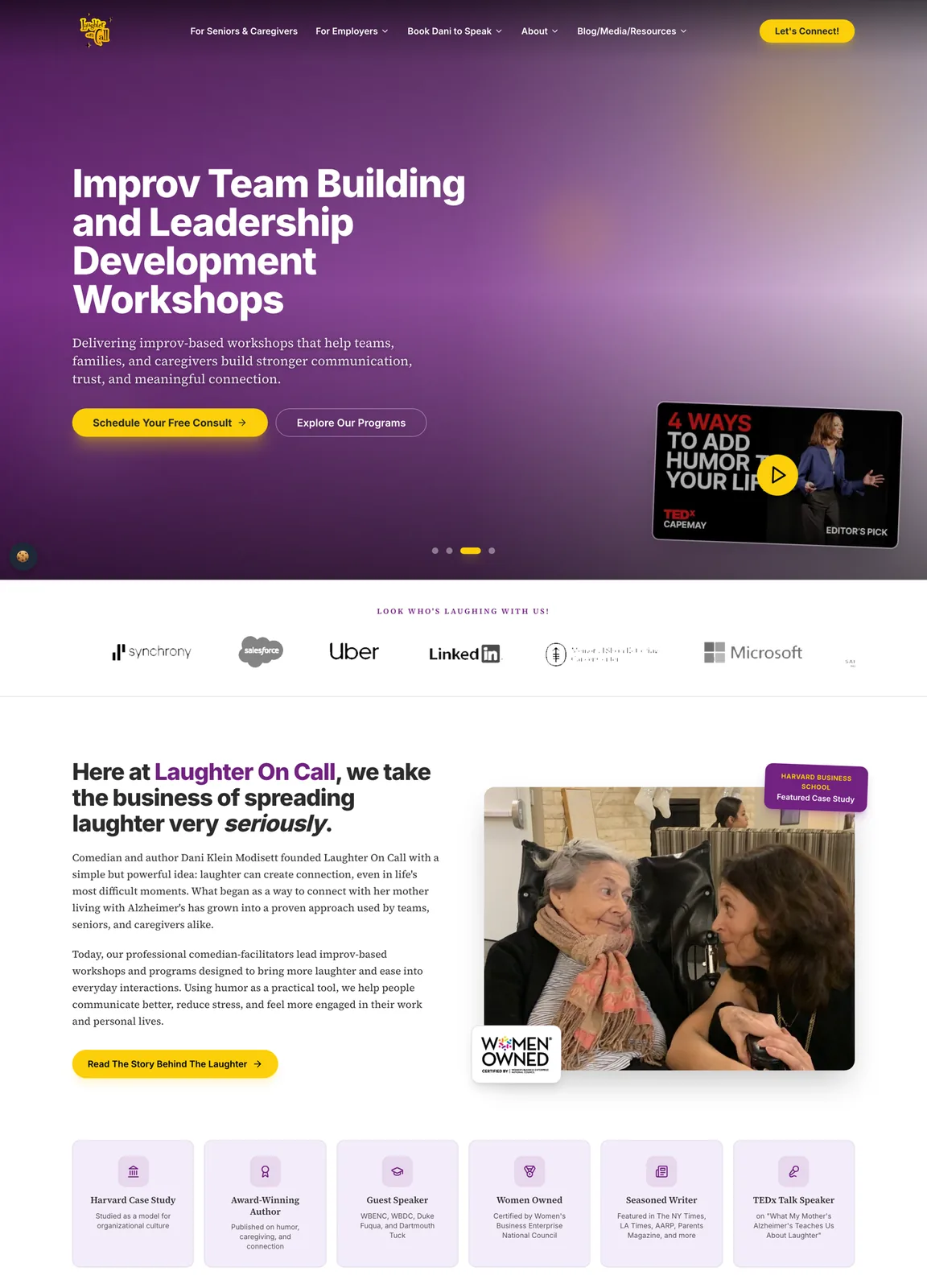 The whole Laughter On Call homepage, from the hero slider through the programs, how-it-works steps, client quotes blurred here and the FAQ.