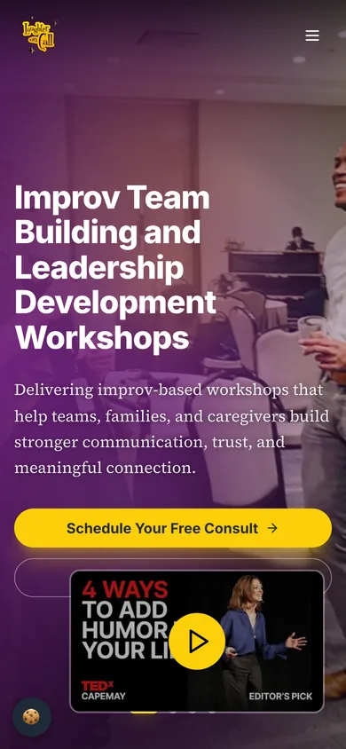 Laughter On Call homepage on a 390-pixel-wide phone screen, with the headline, a 'Schedule Your Free Consult' button and a TEDx video card.