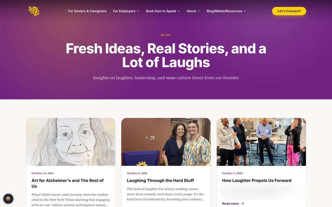 Laughter On Call blog page headed 'Fresh Ideas, Real Stories, and a Lot of Laughs' with dated posts; a client quote in one excerpt is blurred here.