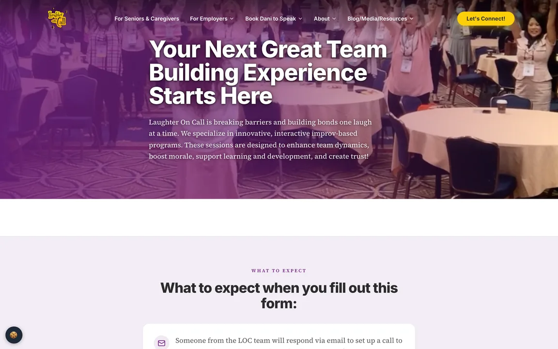 Let's Connect page headed 'Your Next Great Team Building Experience Starts Here' over a photo of a workshop audience.