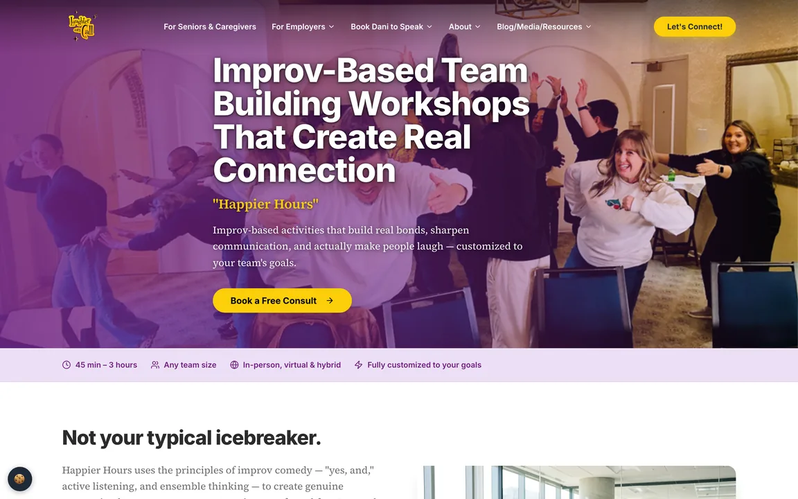 Team building page headed 'Improv-Based Team Building Workshops That Create Real Connection' with a 'Book a Free Consult' button and session facts.