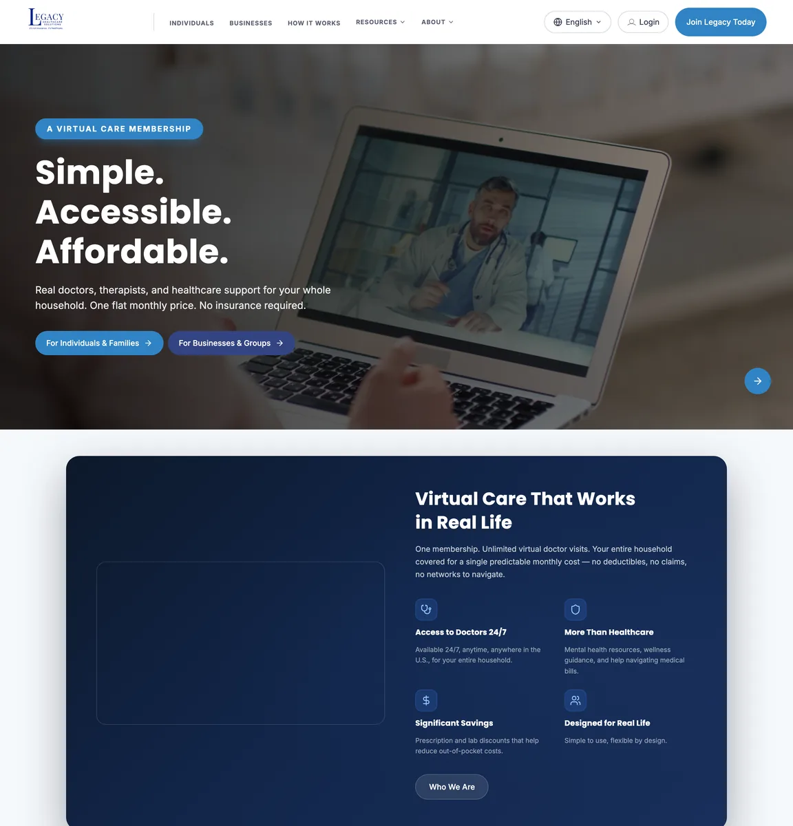 Full-length Legacy Healthcare Solutions homepage: the hero, Virtual Care That Works in Real Life, sections for families and for businesses, membership facts, three membership plan cards, two testimonials blurred here, an FAQ and The Legacy Blog.