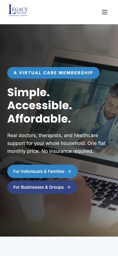 Mobile view of the Legacy Healthcare Solutions homepage with the logo, menu button and hero headline.