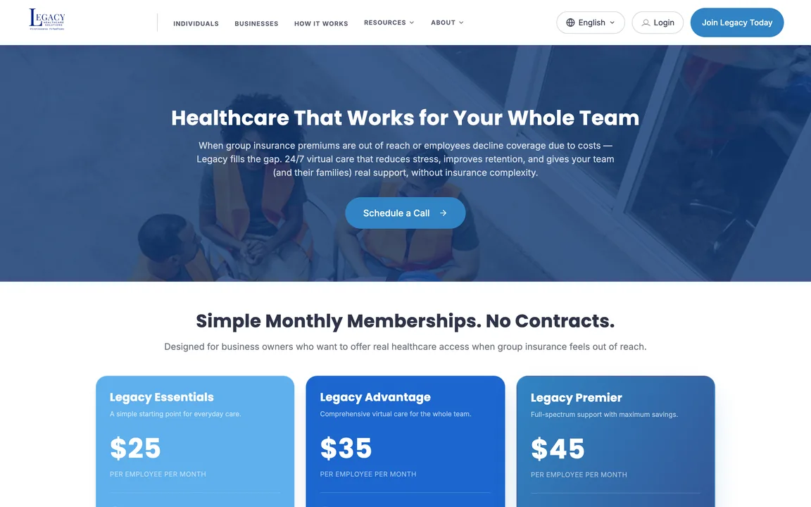 Businesses page with the headline Healthcare That Works for Your Whole Team.