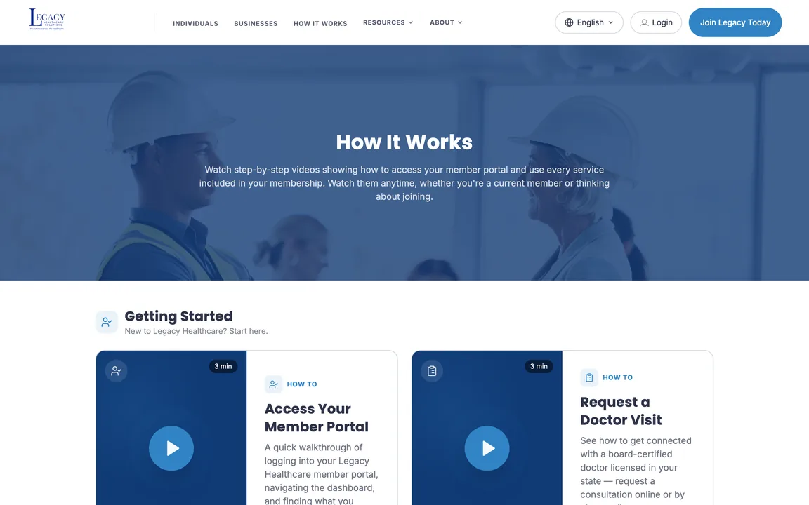 How It Works page introducing step-by-step videos for the member portal and services.