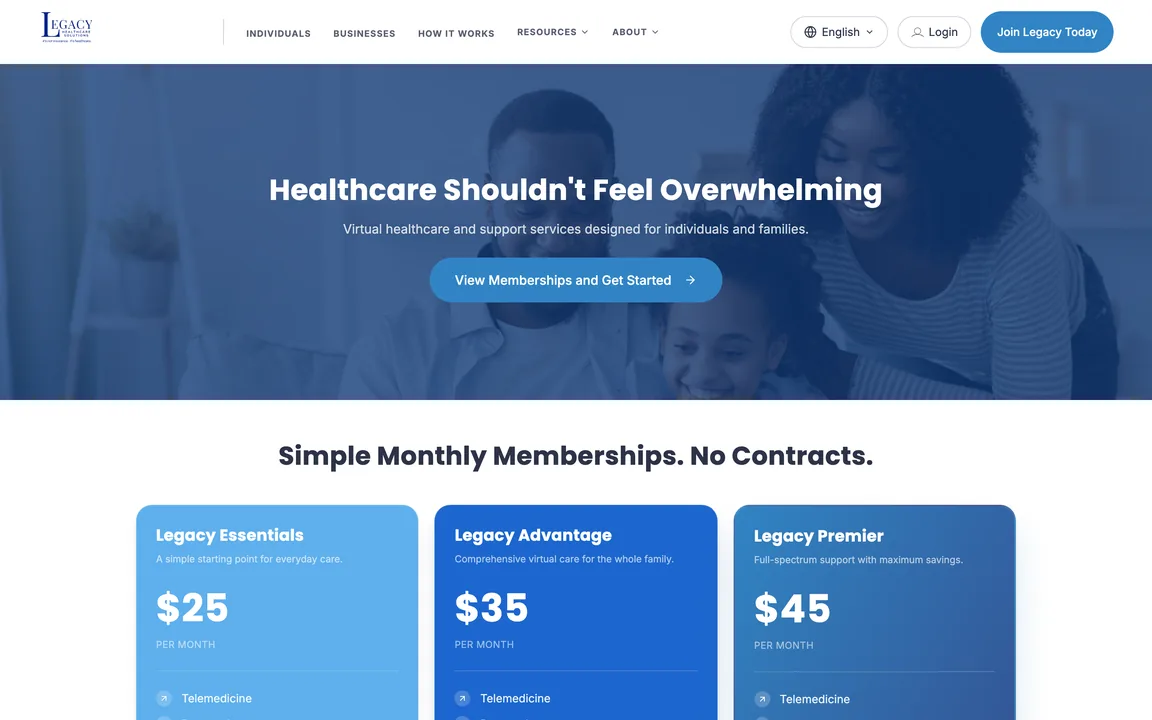 Individuals and families page with the headline Healthcare Shouldn't Feel Overwhelming.