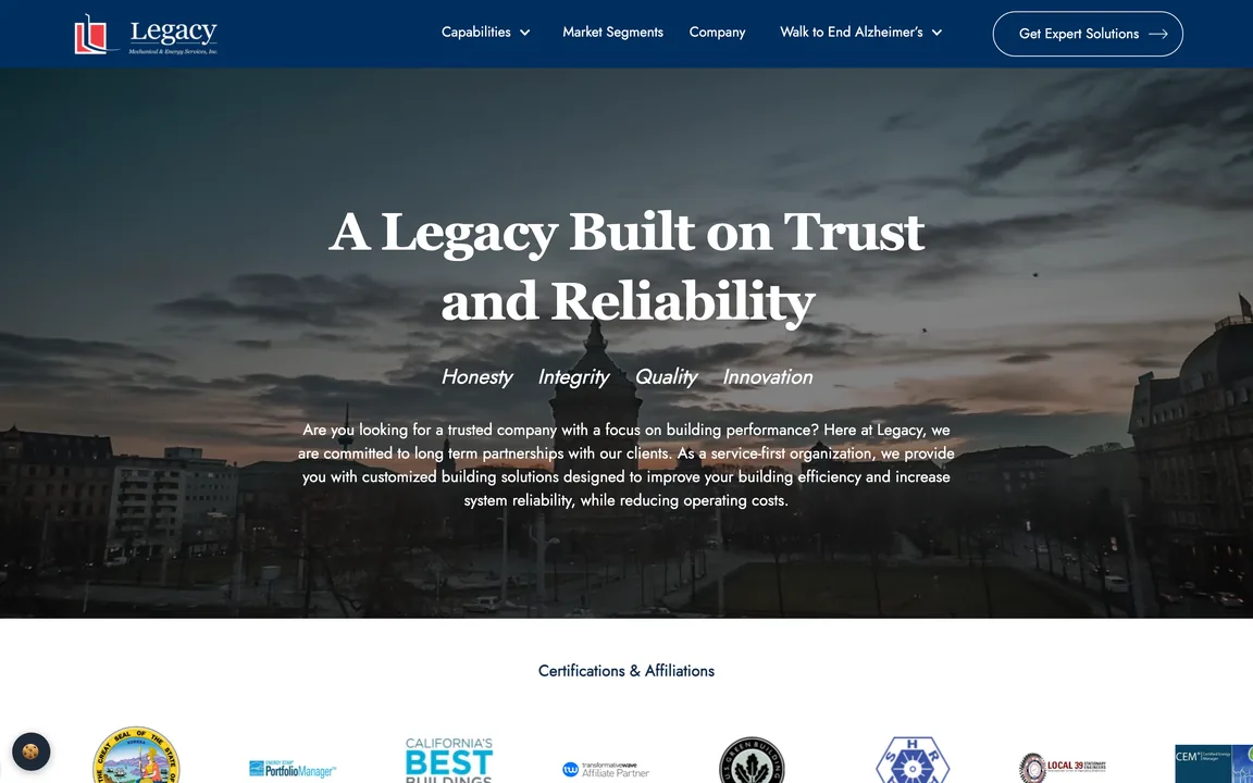 Legacy Mechanical homepage with the headline "A Legacy Built on Trust and Reliability" over a city skyline and the values Honesty, Integrity, Quality, Innovation