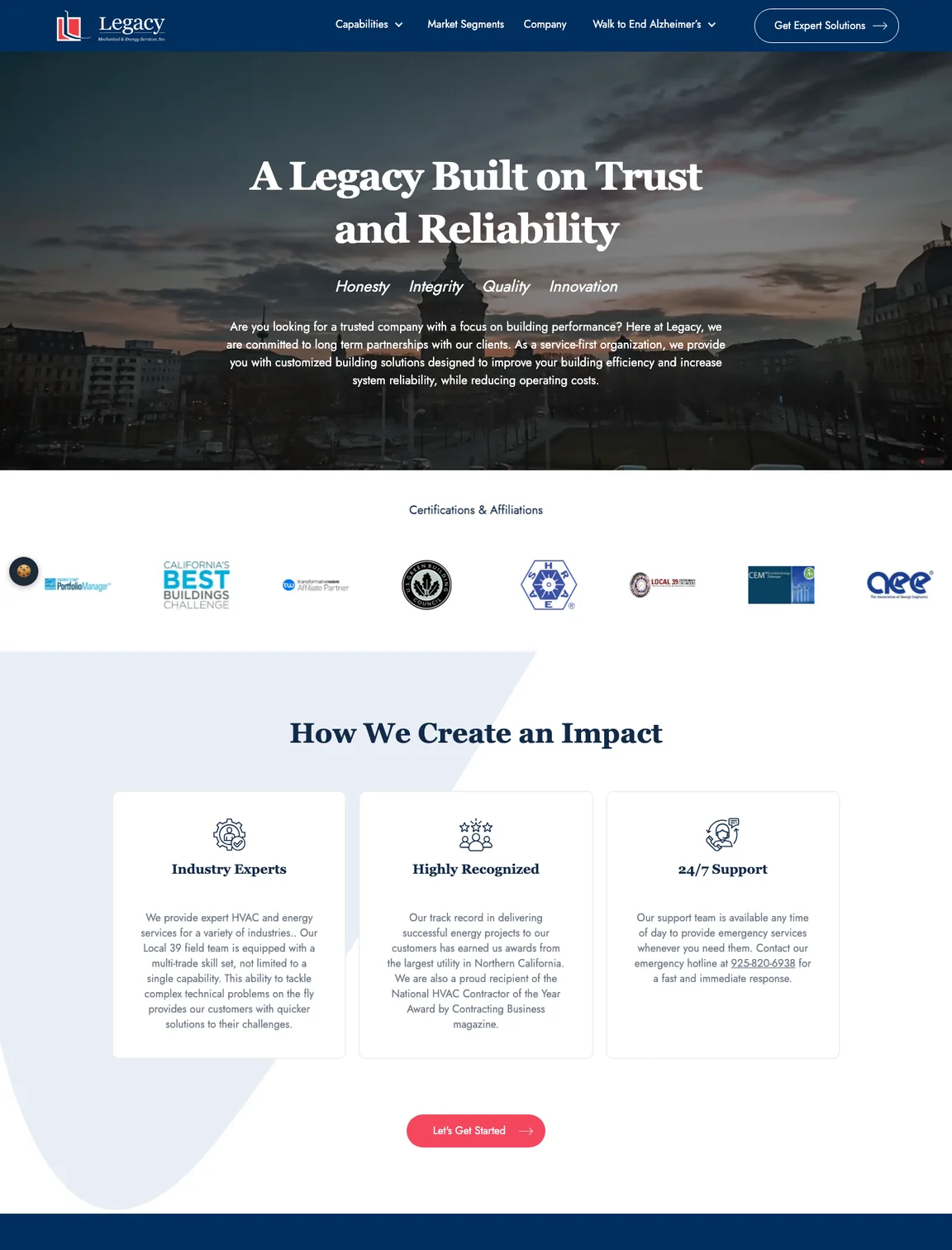 Full Legacy Mechanical homepage: certifications, how the company creates impact, capabilities, industries served, project photos, a client testimonial blurred here, and a message form