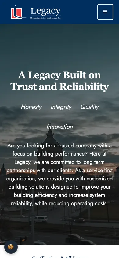Legacy Mechanical homepage on a phone with the headline and company values