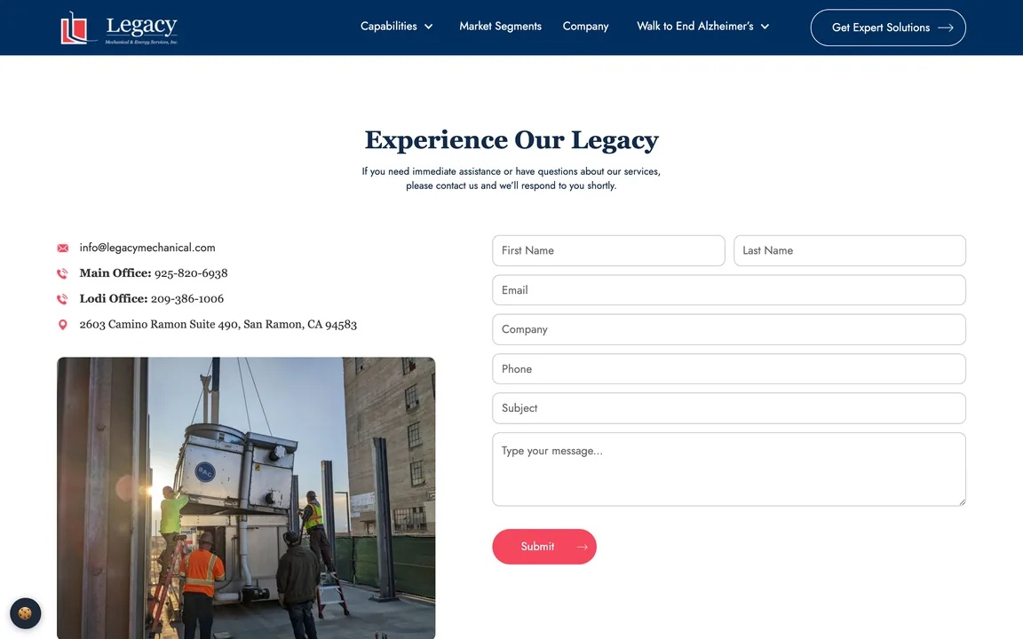 Legacy Mechanical contact page with office details and a contact form