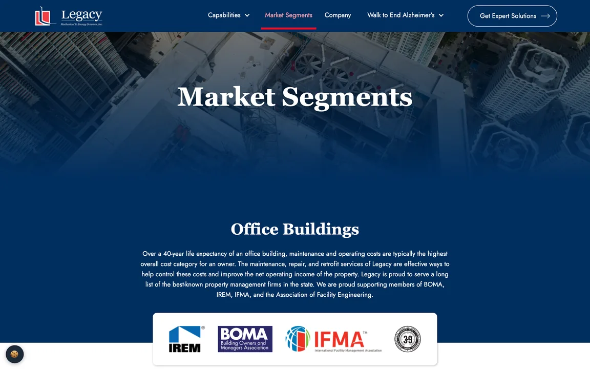 Legacy Mechanical Market Segments page describing office buildings