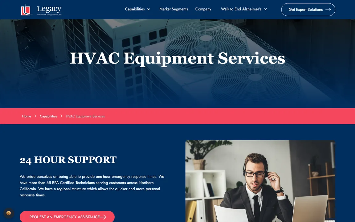 Legacy Mechanical HVAC Equipment Services page with a 24 Hour Support section
