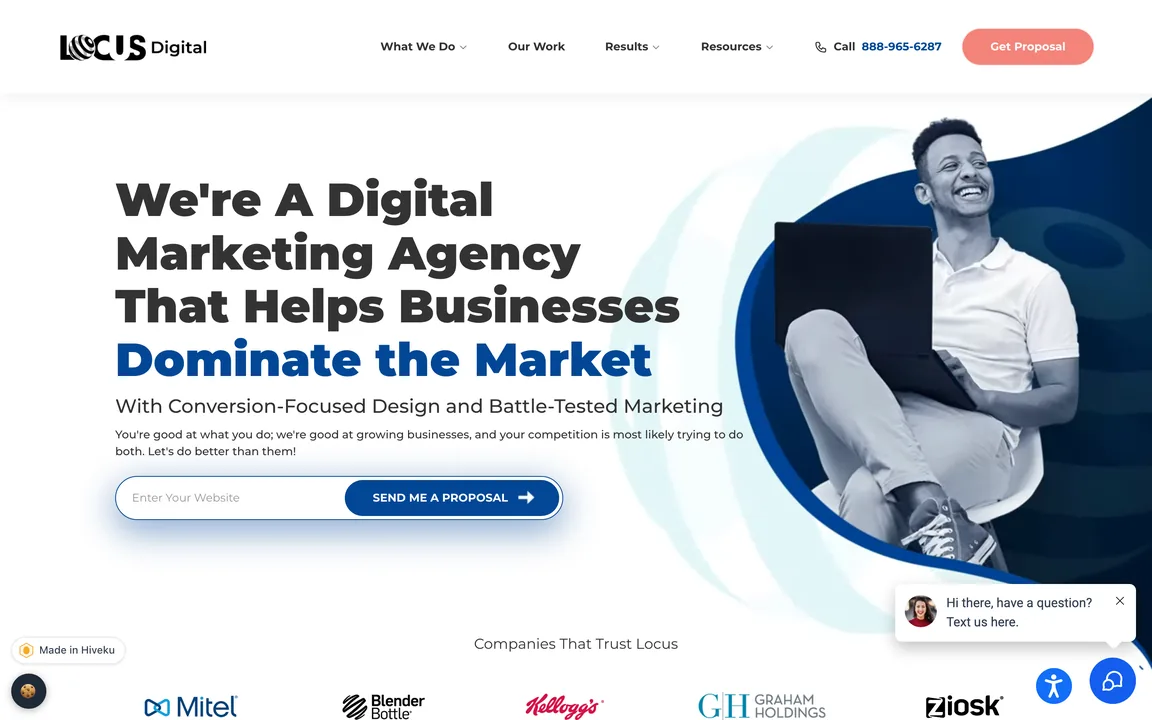 Locus Digital homepage with the headline We're A Digital Marketing Agency That Helps Businesses Dominate the Market, a website field with a Send Me A Proposal button, and the Made in Hiveku badge in the lower left.