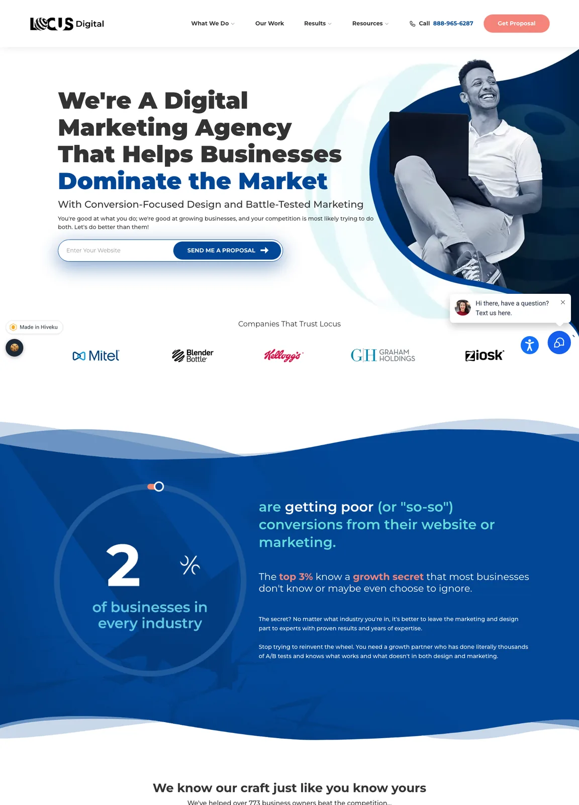 The Locus Digital homepage from top to bottom: hero with the proposal form, client logos, services, ready-made packages, company figures, the testing approach and reasons to choose the agency.