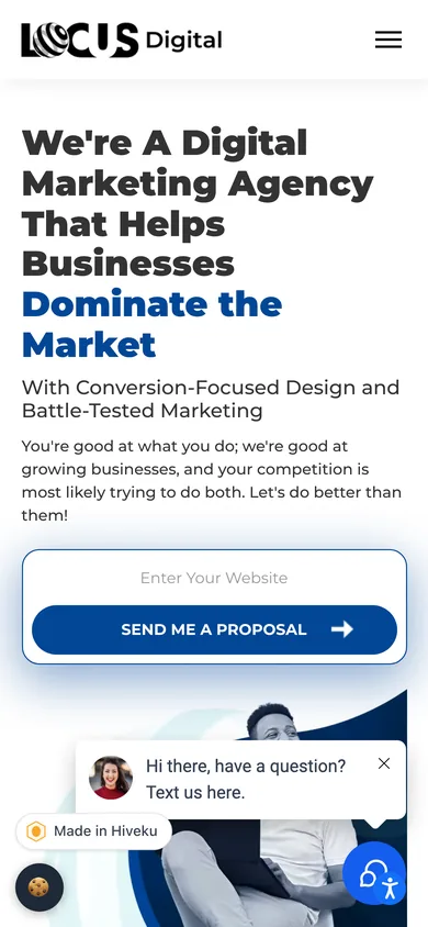 Locus Digital homepage on a phone with the headline, a website field with a Send Me A Proposal button, and the Made in Hiveku badge.