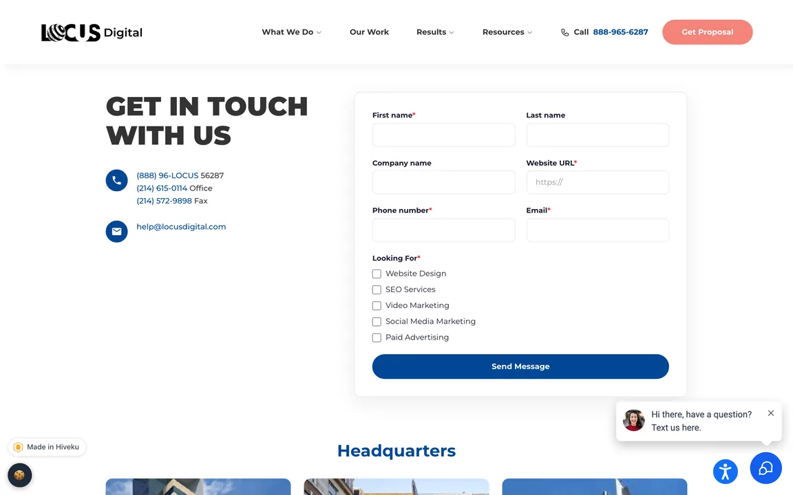 Get In Touch With Us page with phone numbers and email on the left and a form with name, company, website, phone, email and service checkboxes on the right.