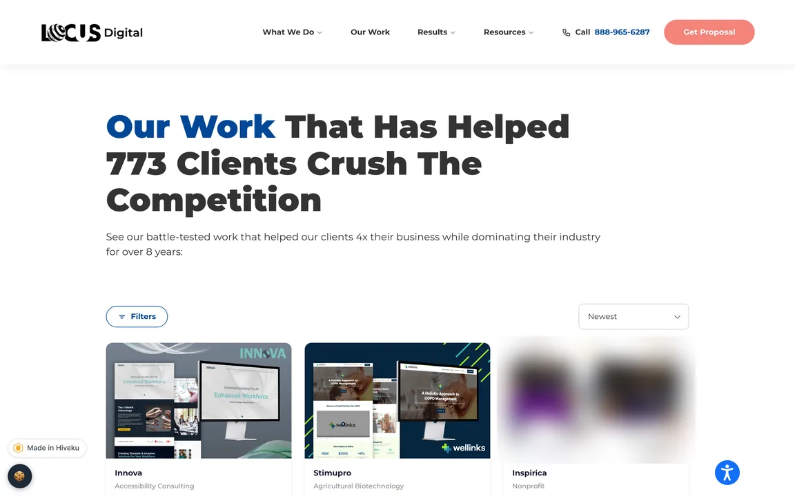 Our Work page with a Filters button, a sort menu and the first row of portfolio cards; one card's picture is blurred here.
