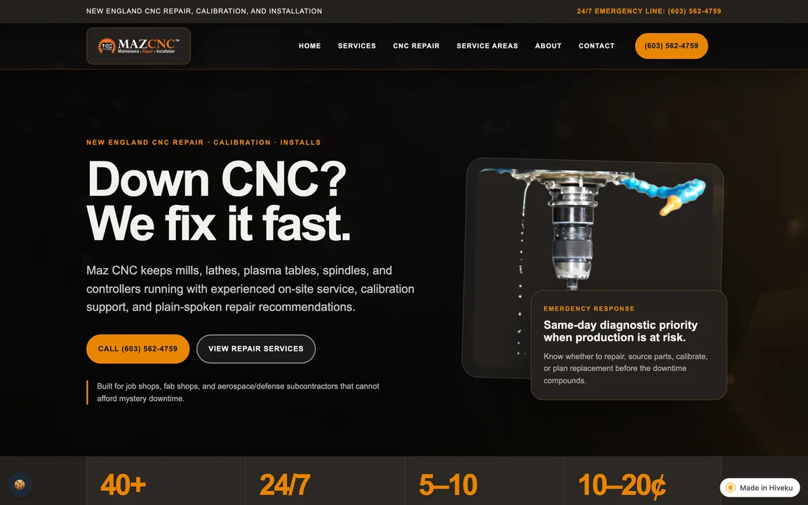 Dark homepage hero reading Down CNC? We fix it fast., with a Call button, a View Repair Services button and a Made in Hiveku badge in the corner.