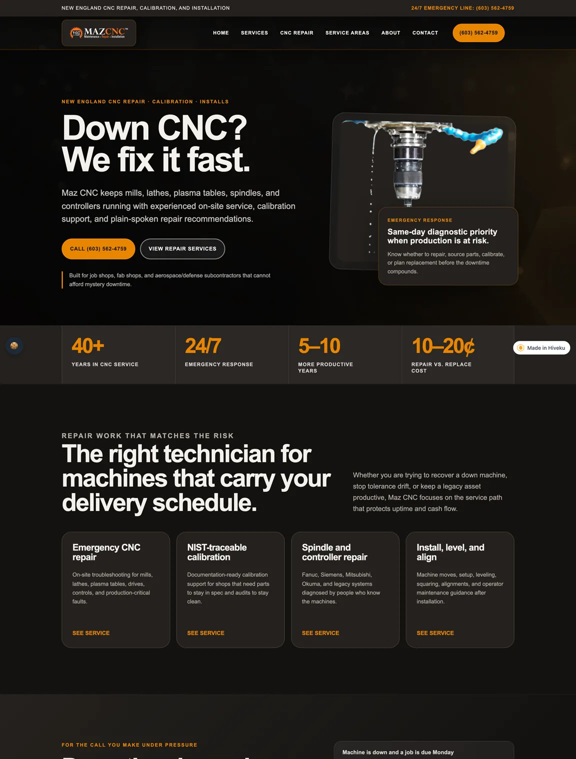 Long view of the homepage with service cards, a list of breakdown situations, a three-step process, a New England service area section and three article cards.