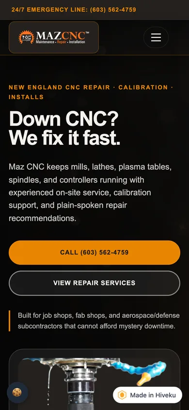 Mobile view with the 24/7 emergency line, the Down CNC? We fix it fast. headline, a full-width Call button and the Made in Hiveku badge.