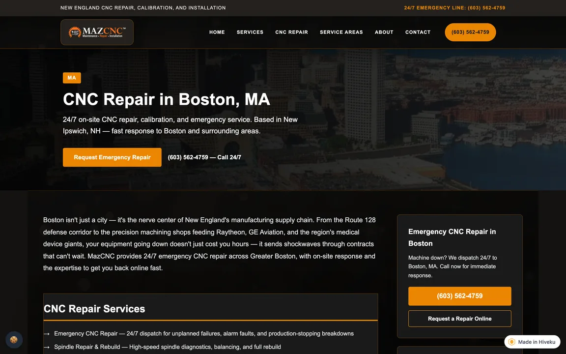 Page headed CNC Repair in Boston, MA, with a Request Emergency Repair button and the 24/7 phone number.