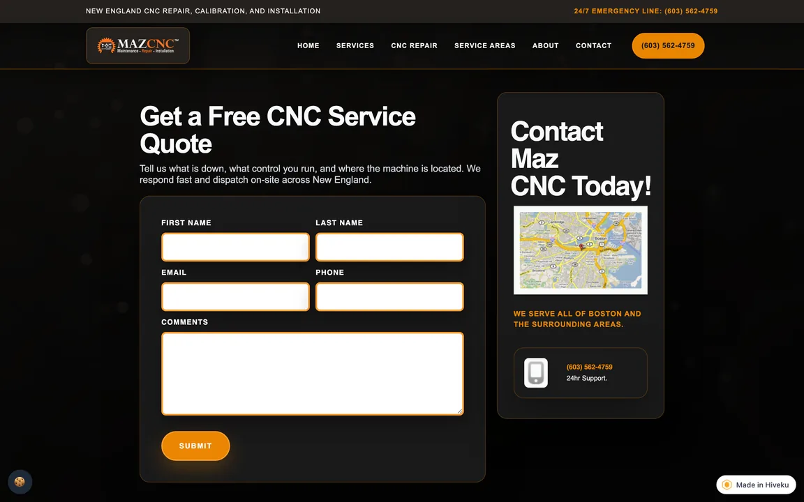 Contact page headed Get a Free CNC Service Quote, with a form for name, email, phone and comments, a map of Boston and the 24-hour support number.