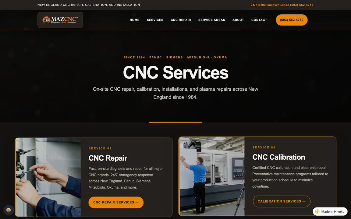 CNC Services page header reading Since 1984 with the control brands, above cards for CNC Repair and CNC Calibration.