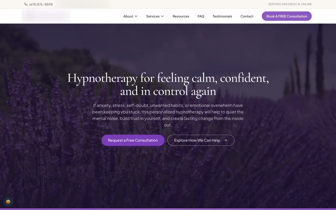 M.O. Hypnosis homepage with the headline 'Hypnotherapy for feeling calm, confident, and in control again' over a lavender field, and a 'Request a Free Consultation' button. The logo and an email address are blurred here.