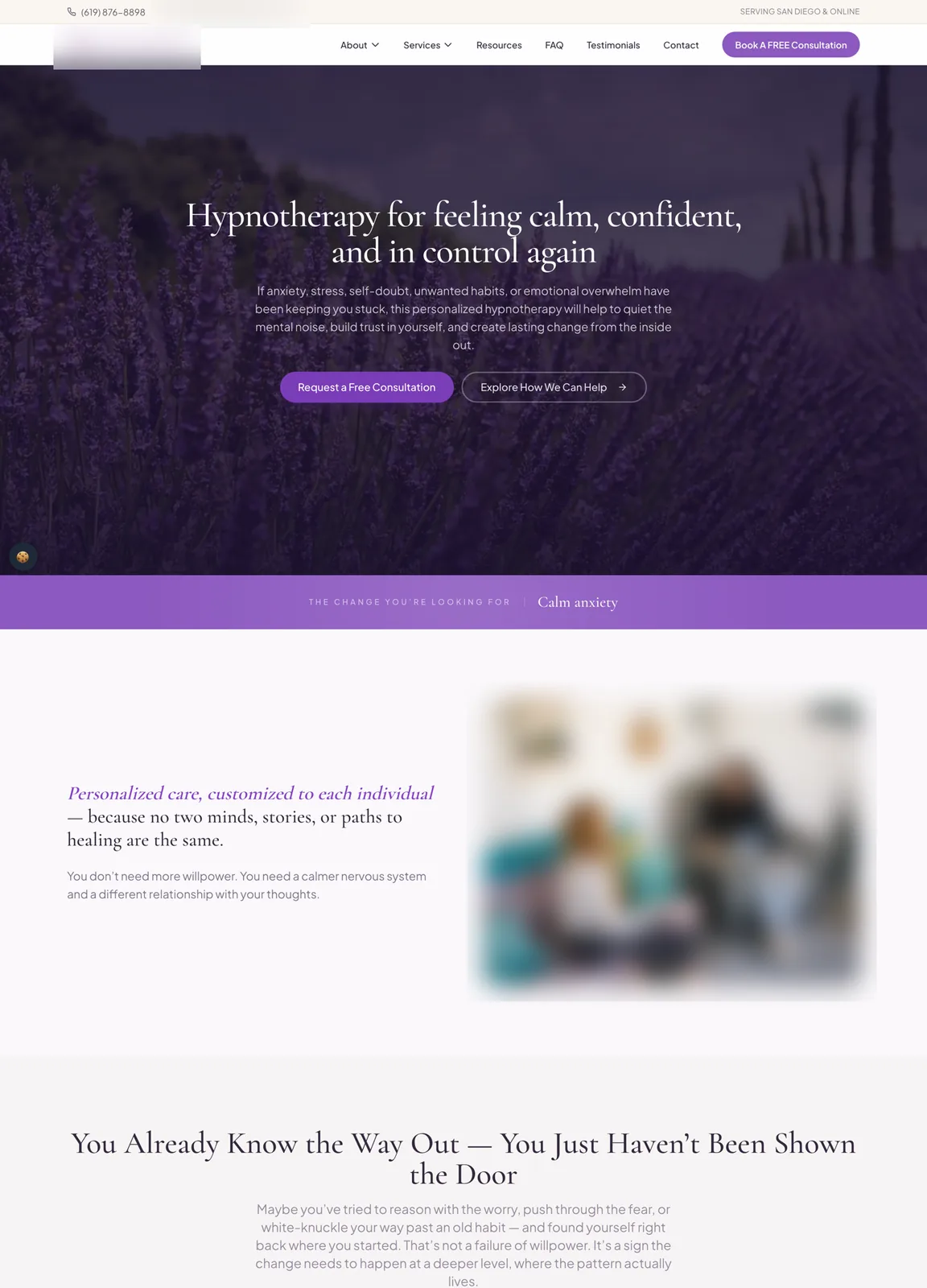 The top of the M.O. Hypnosis homepage, from the lavender hero through the concerns it helps with, the practitioner introduction, how it works and the areas of focus. The logo, the email address, the practitioner's name and photos are blurred here.