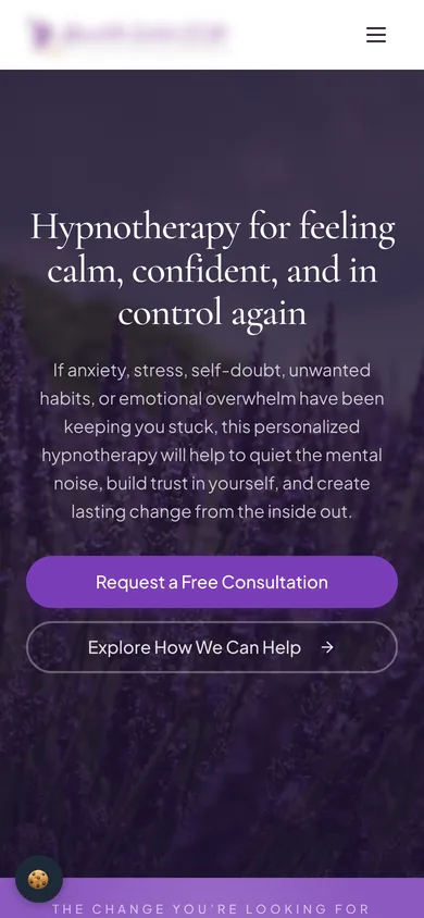M.O. Hypnosis homepage on a 390-pixel-wide phone screen, with the logo blurred here.