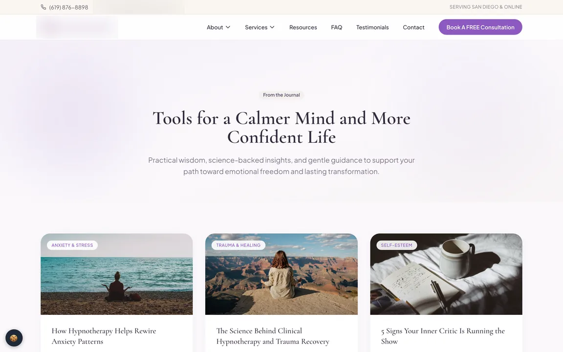 The 'From the Journal' blog page with dated articles. The logo and an email address are blurred here.