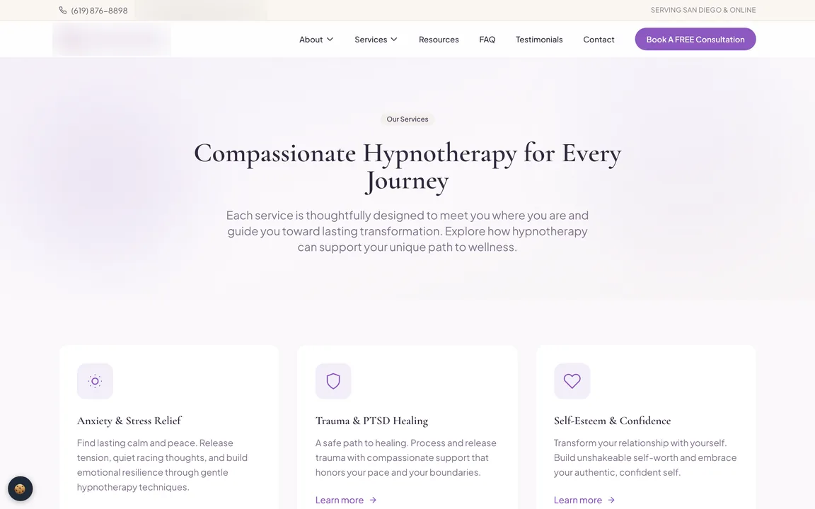 Services page headed 'Compassionate Hypnotherapy for Every Journey' with cards for anxiety and stress relief, trauma and PTSD healing, and self-esteem. The logo and an email address are blurred here.