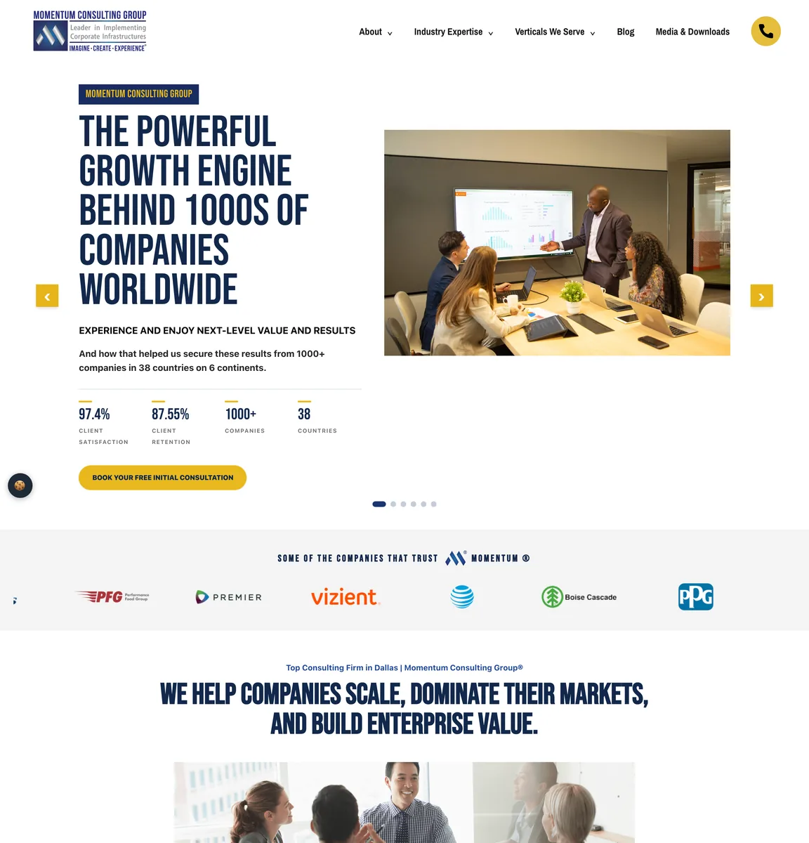 Full-length Momentum Consulting Group homepage: the hero carousel, a client logo strip, a positioning statement, a latest news carousel, five specialty cards, a list of ten business needs, verticals, a book promotion and member association logos.