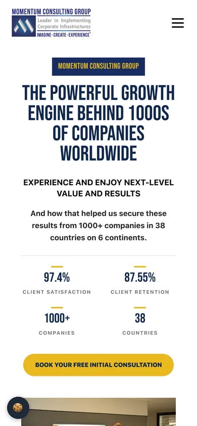 Mobile view of the Momentum Consulting Group homepage with the logo, menu button, the headline and a Book Your Free Initial Consultation button.