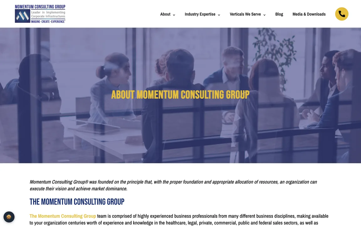 About Momentum Consulting Group page with a purple-tinted meeting photo and the firm's founding principle.