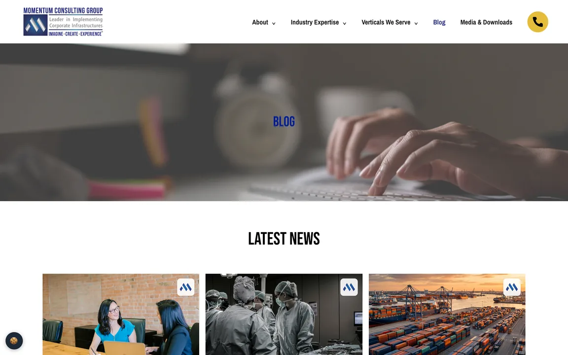 Blog page with a typing-hands banner, a Latest News heading and the first row of post photos.