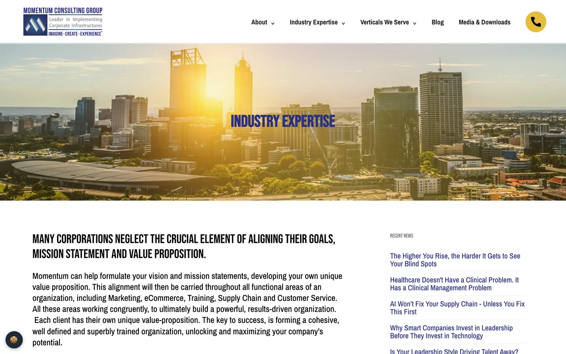 Industry Expertise page with a city skyline at sunrise, an introduction about aligning goals and value propositions, and a Recent News sidebar.