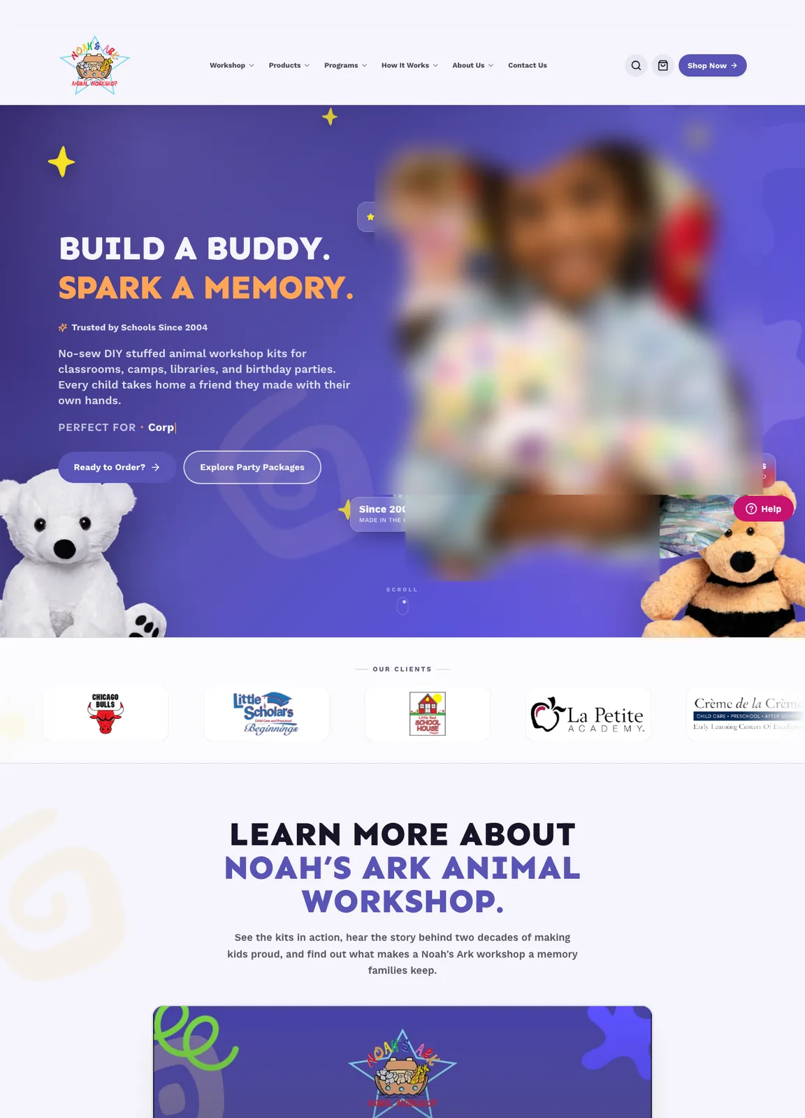 Full Noah's Ark Animal Workshop homepage: the hero with its photo blurred, client logos, a video, what's included in each kit, the four steps, and kit collections