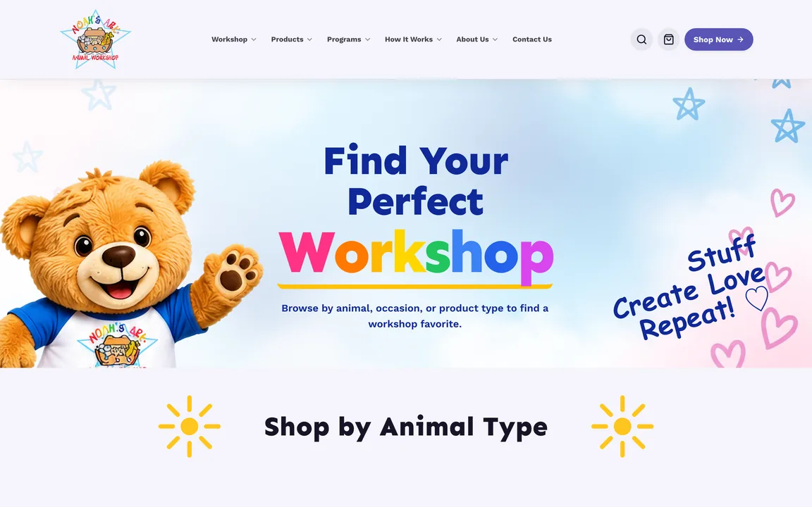 Noah's Ark Animal Workshop collections page headed "Find Your Perfect Workshop"