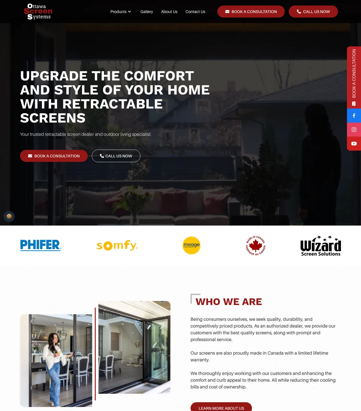 The Ottawa Screen Systems homepage from top to bottom: hero, brand logos, who we are, the four products, a gallery of installed screens and customer testimonials, blurred here.